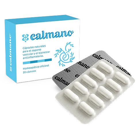 Caja y blíster Calmano 20 cápsulas naturales para el soporte vascular y el bienestar antiinflamatorio — homeopático oficinal