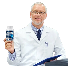 Médico urólogo mostrando frasco ProstaVit — apoyo natural recomendado para salud prostática masculina
